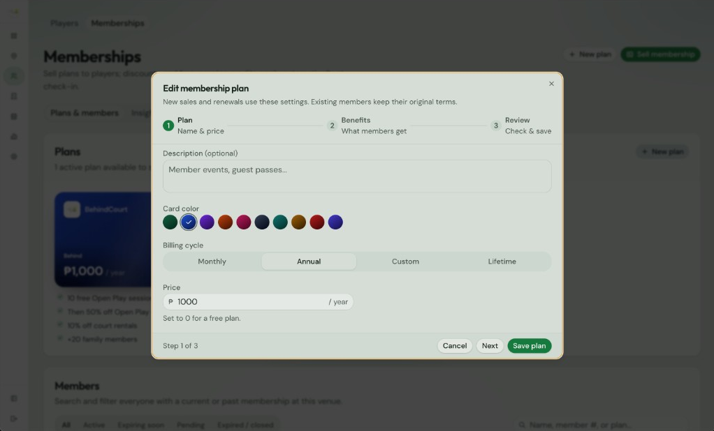 BehindCourt membership plan step: card color, billing cycle (Monthly, Annual, Custom, Lifetime), and price
