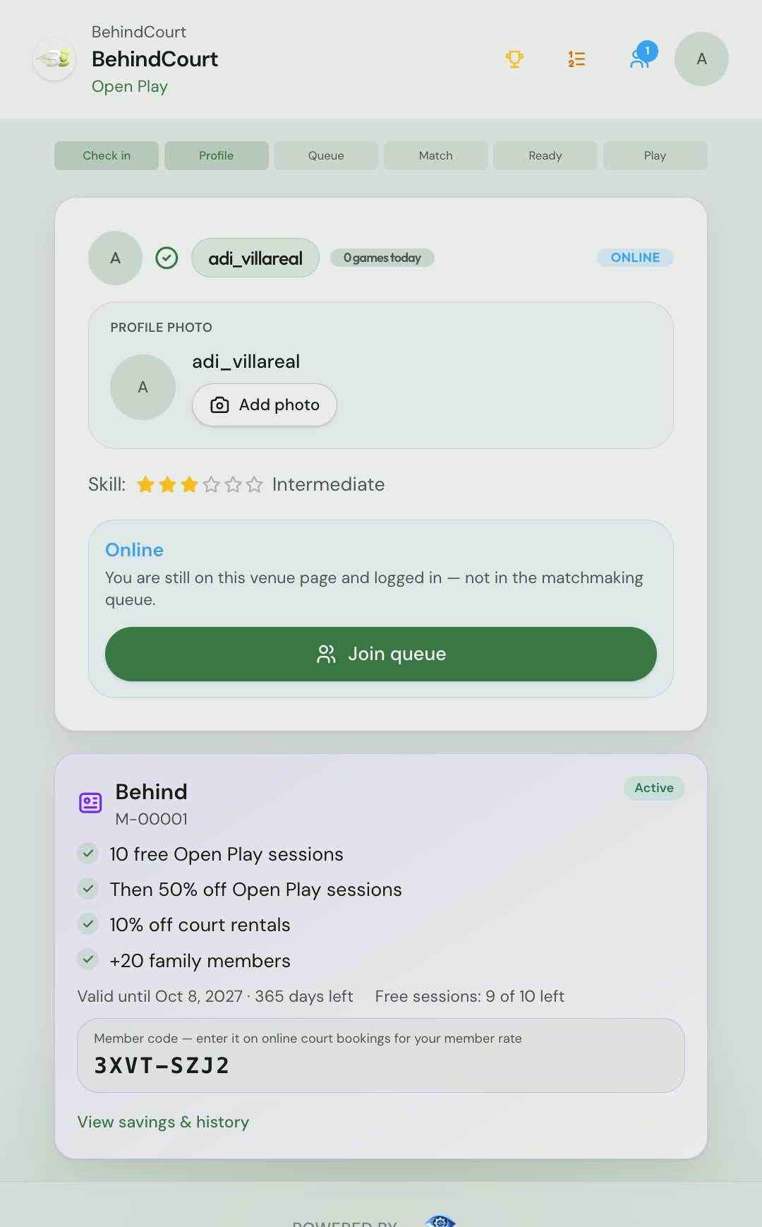 BehindCourt player page with an Active membership card: member number, perks, valid until date, free sessions left, and member code for online court bookings