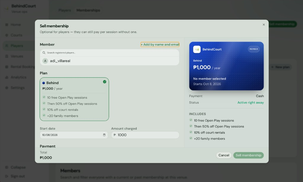 Sell membership: pick a player and plan, set the start date and amount charged, with a member card preview and what the plan includes