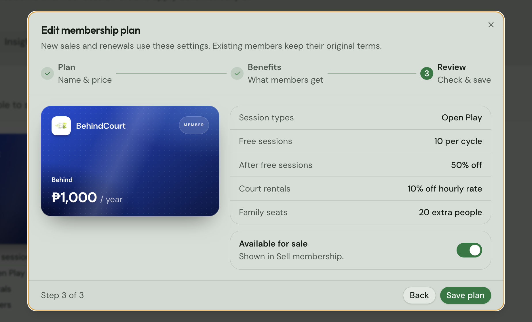 Membership plan review: ₱1,000 per year card with 10 free Open Play sessions per cycle, then 50% off, 10% off court rentals, and 20 family seats