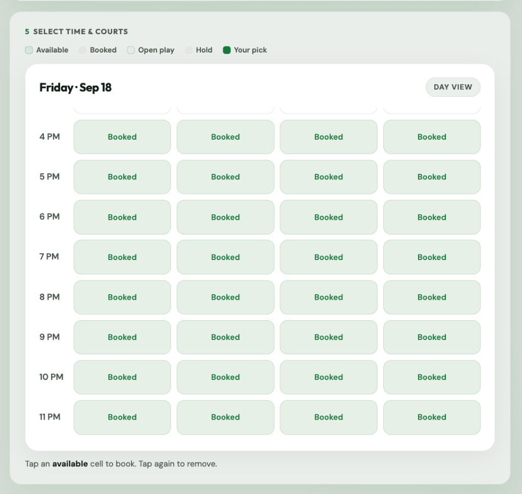Public pickleball court rental page: players pick a day, time, and court